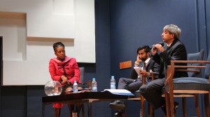 TOWNHALL POLITICS: (from left to right), Dr Pamela Dube, Shafee Verachia and Prof Adam Habib field questions about promises made. Photo: Palesa Tshandu